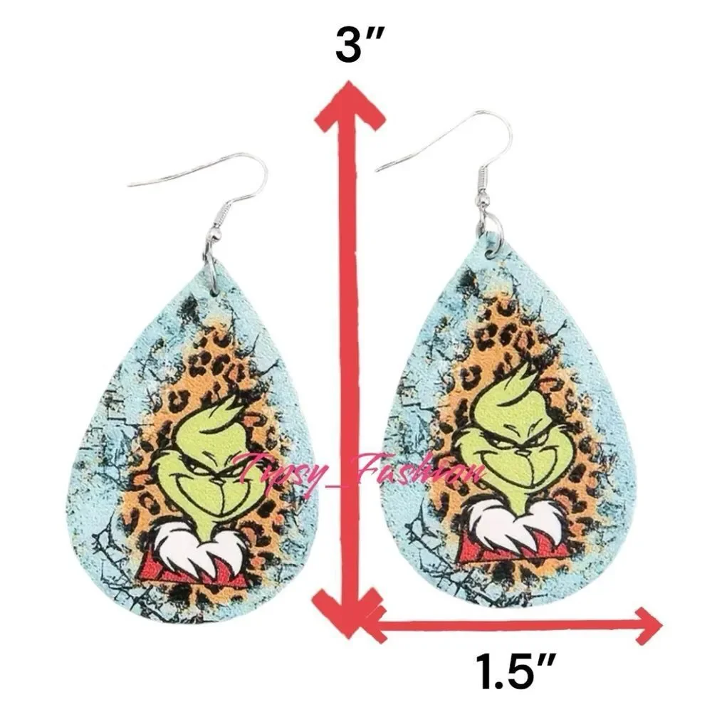 Grinch Leopard Print Teardrop Christmas Earrings Holiday NWT